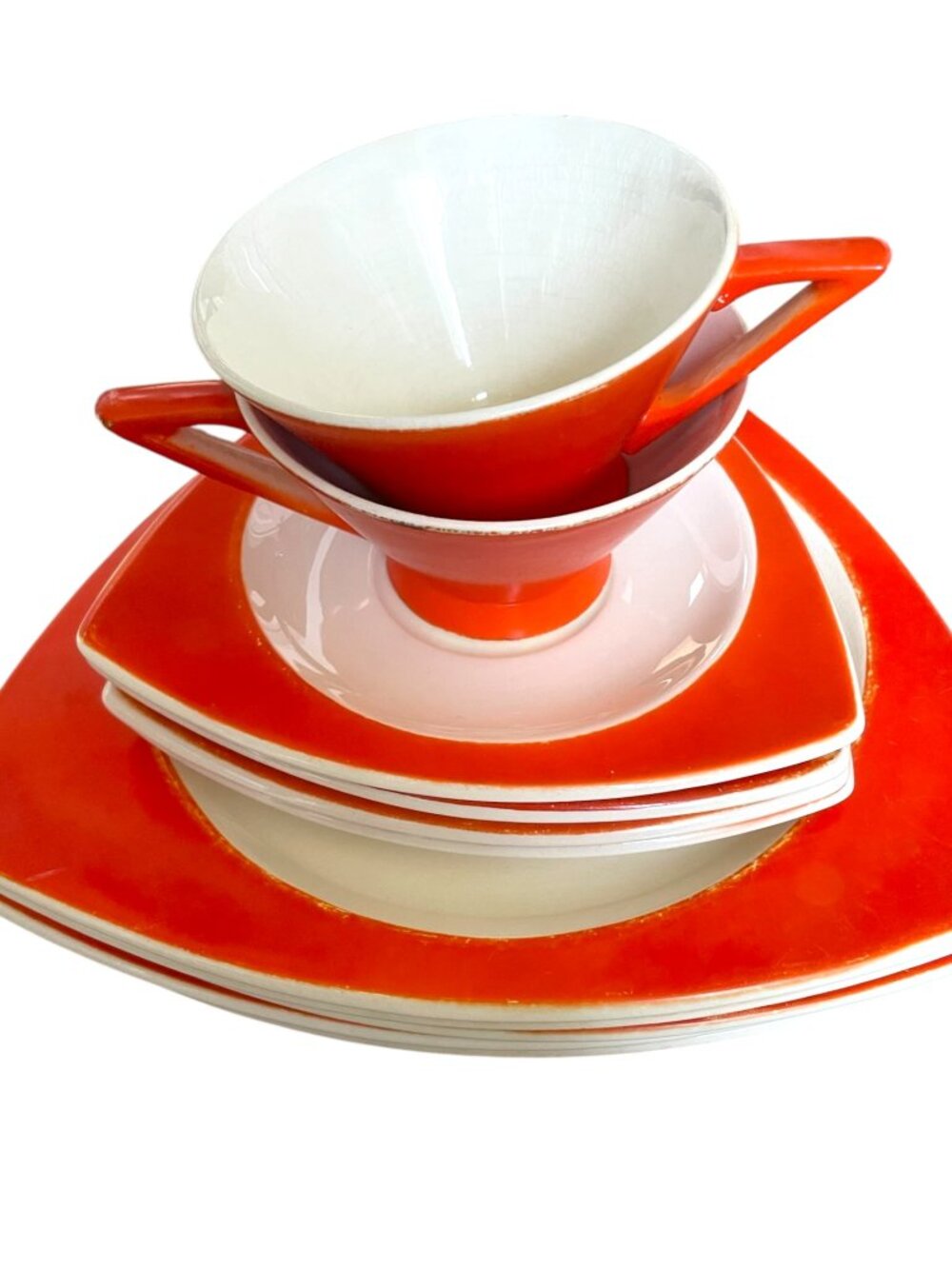 Vintage Salem Tricorne Streamline Orange Triangle Dish Set 30s Art Deco